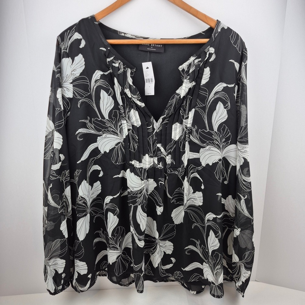 Lane‎ Bryant NWT Blouse 18 Black White Floral Print Sheer Layered Hem Plus Size